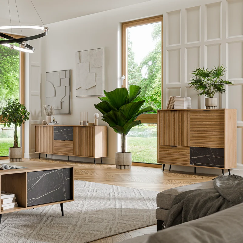 Buffet long 2 portes 2 tiroirs Luka Bois et Noir