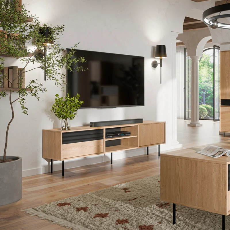 Meuble TV 2 portes 180 cm Astra Bois et Noir