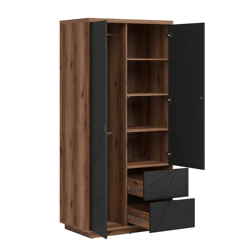 Armoire 2 portes 2 tiroirs Sven Noir et Bois