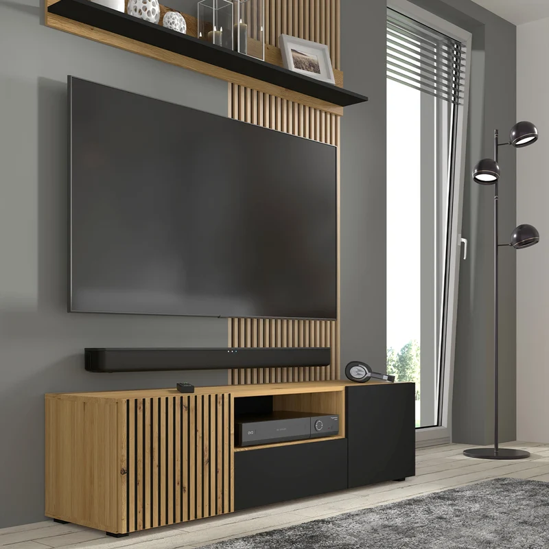 Meuble TV 3 portes 150 cm Nera Bois et Noir