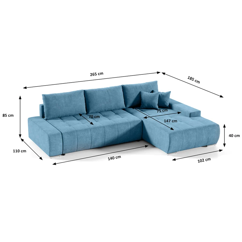 Canapé d'angle convertible droit 4 places avec coffre Jonas Bleu
