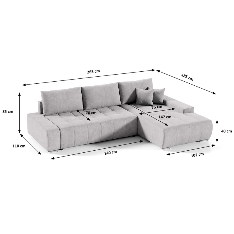 Canapé d'angle convertible droit 4 places avec coffre Jonas Gris clair