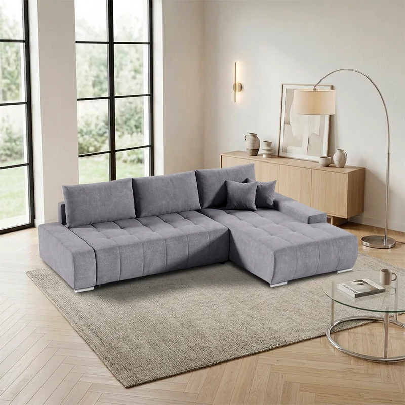 Canapé d'angle convertible droit 4 places avec coffre Jonas Gris foncé