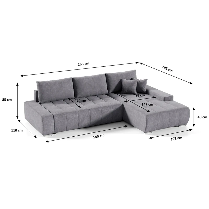 Canapé d'angle convertible droit 4 places avec coffre Jonas Gris foncé