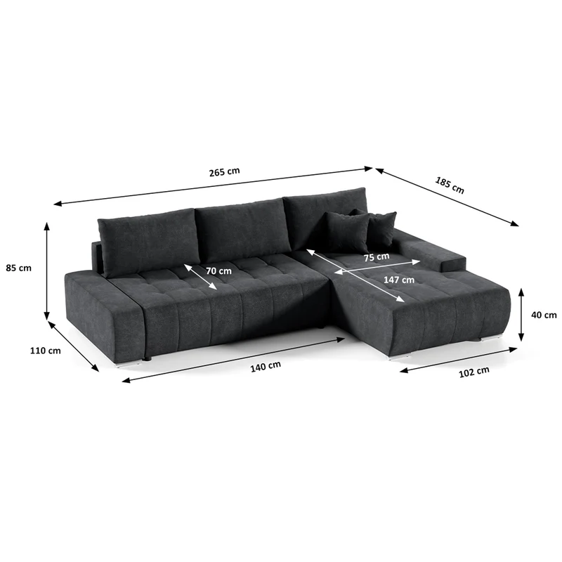 Canapé d'angle convertible droit 4 places avec coffre Jonas Gris anthracite