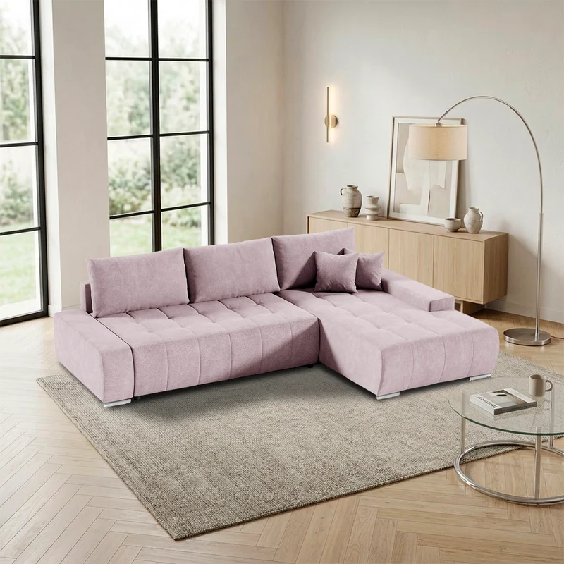 Canapé d'angle convertible droit 4 places avec coffre Jonas Rose