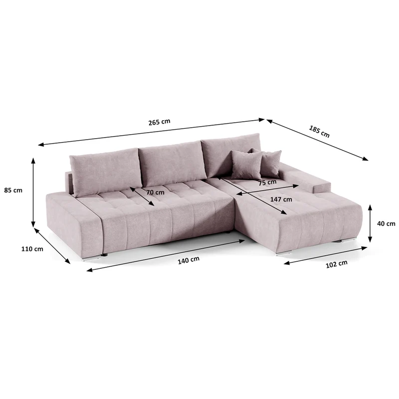 Canapé d'angle convertible droit 4 places avec coffre Jonas Rose