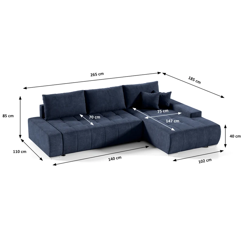 Canapé d'angle convertible droit 4 places avec coffre Jonas Bleu Marine