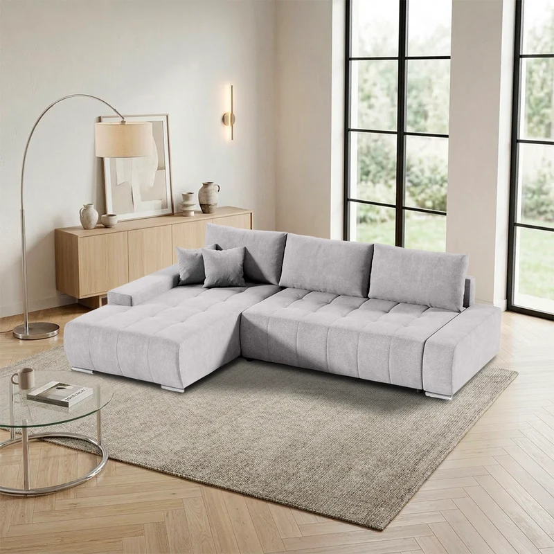Canapé d'angle convertible gauche 4 places avec coffre Jonas Gris clair