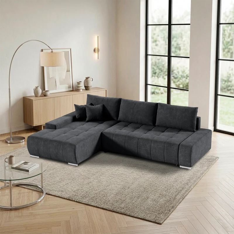 Canapé d'angle convertible gauche 4 places avec coffre Jonas Gris anthracite
