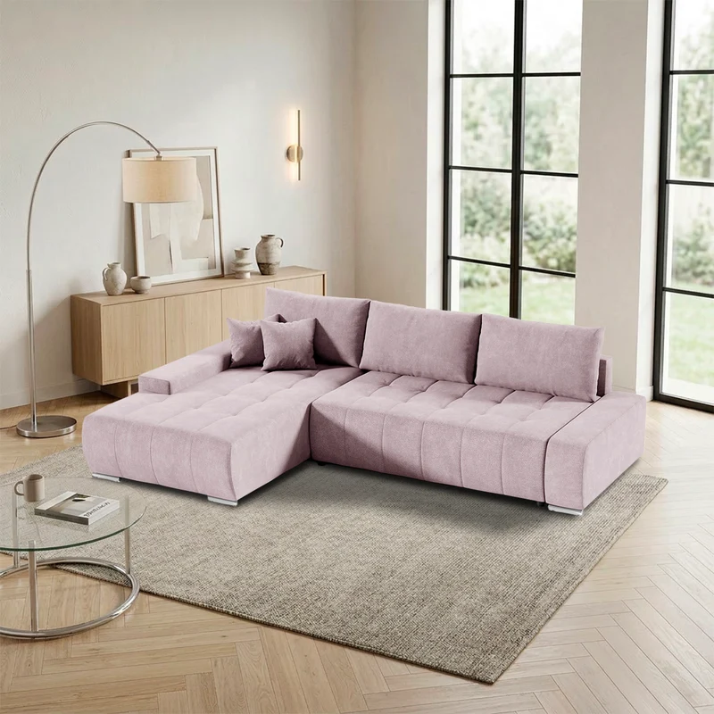 Canapé d'angle convertible gauche 4 places avec coffre Jonas Rose