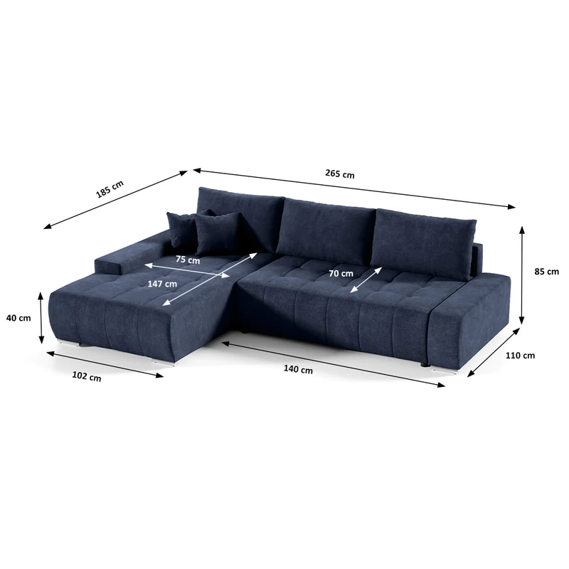 Canapé d'angle convertible gauche 4 places avec coffre Jonas Bleu Marine