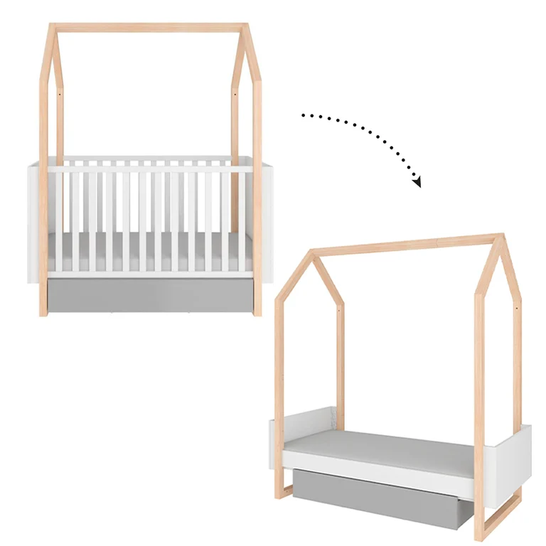 Lit évolutif cabane 70x140 et commode 3 tiroirs Bellamy Pinette Blanc et gris