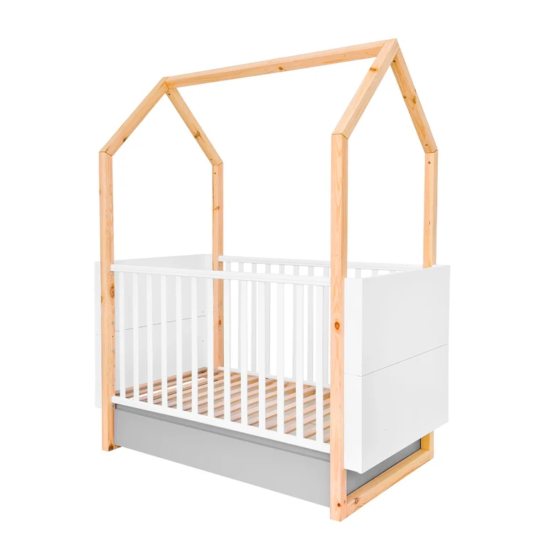 Lit évolutif cabane 70x140 et commode 3 tiroirs Bellamy Pinette Blanc et gris