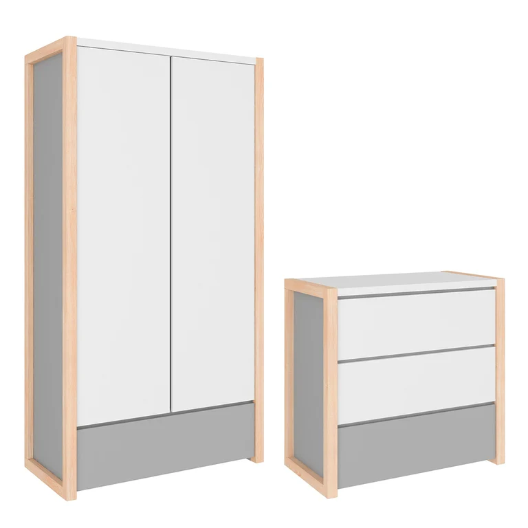 Commode 3 tiroirs et armoire 2 portes Bellamy Pinette Blanc et gris