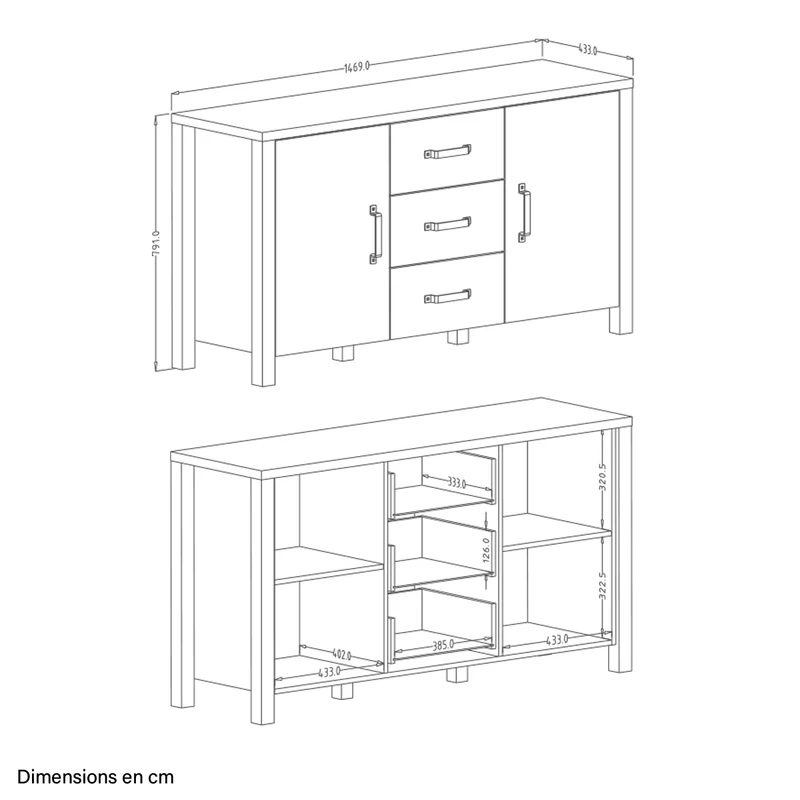 Buffet 2 portes 3 tiroirs Lyam Bois et Noir