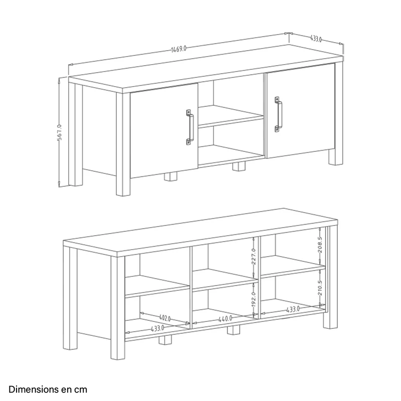 Meuble TV 2 portes 147 cm Lyam Bois et Noir