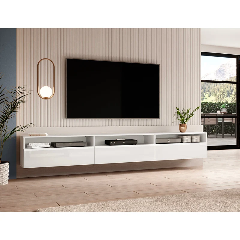 Meuble TV sur pied ou mural 1 tiroir 270 cm Sloan Blanc
