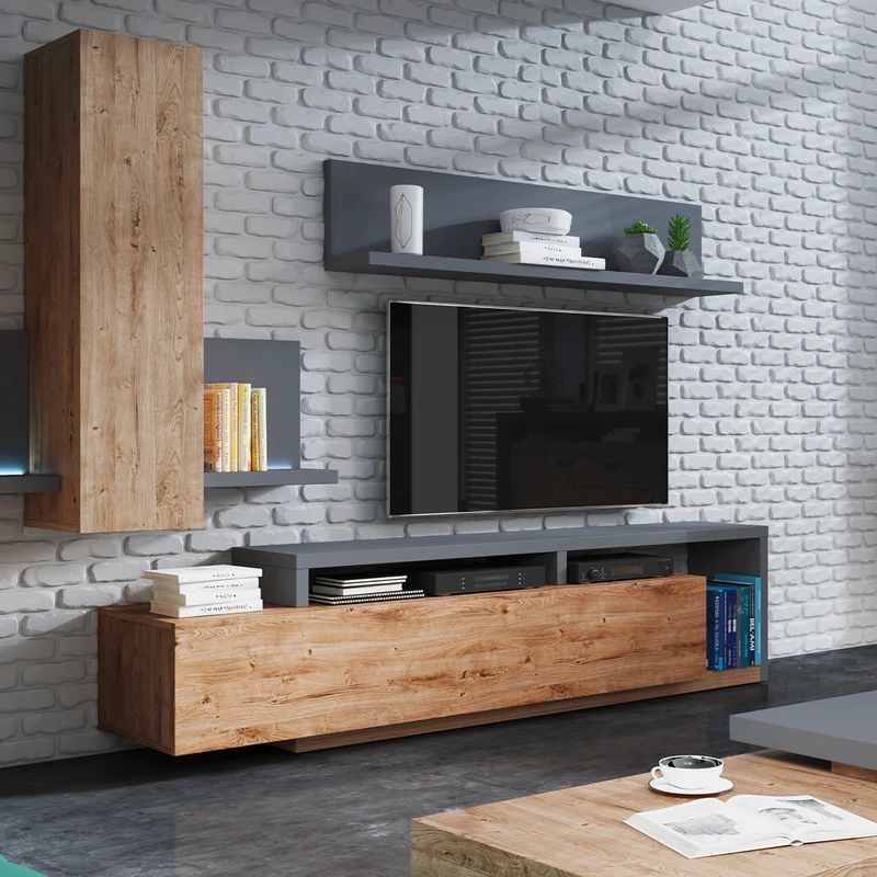 Meuble TV 1 tiroir 219 cm Ilyes Bois et Gris