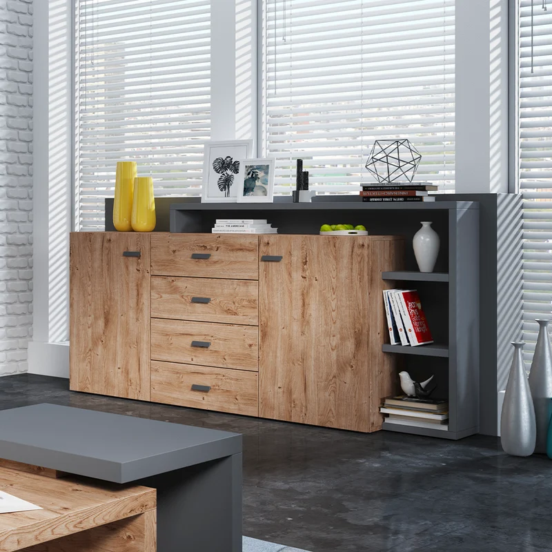 Buffet 2 portes 4 tiroirs Ilyes Bois et Gris