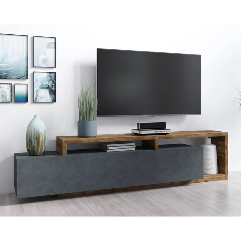 Meuble TV 1 tiroir 219 cm Ilyes Gris et Bois