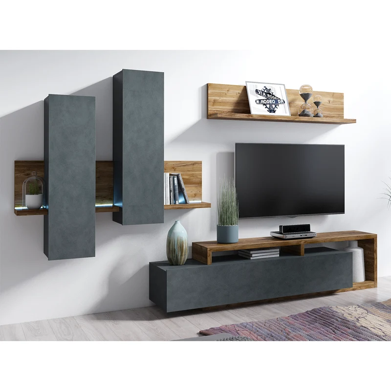 Meuble TV 1 tiroir 219 cm Ilyes Gris et Bois
