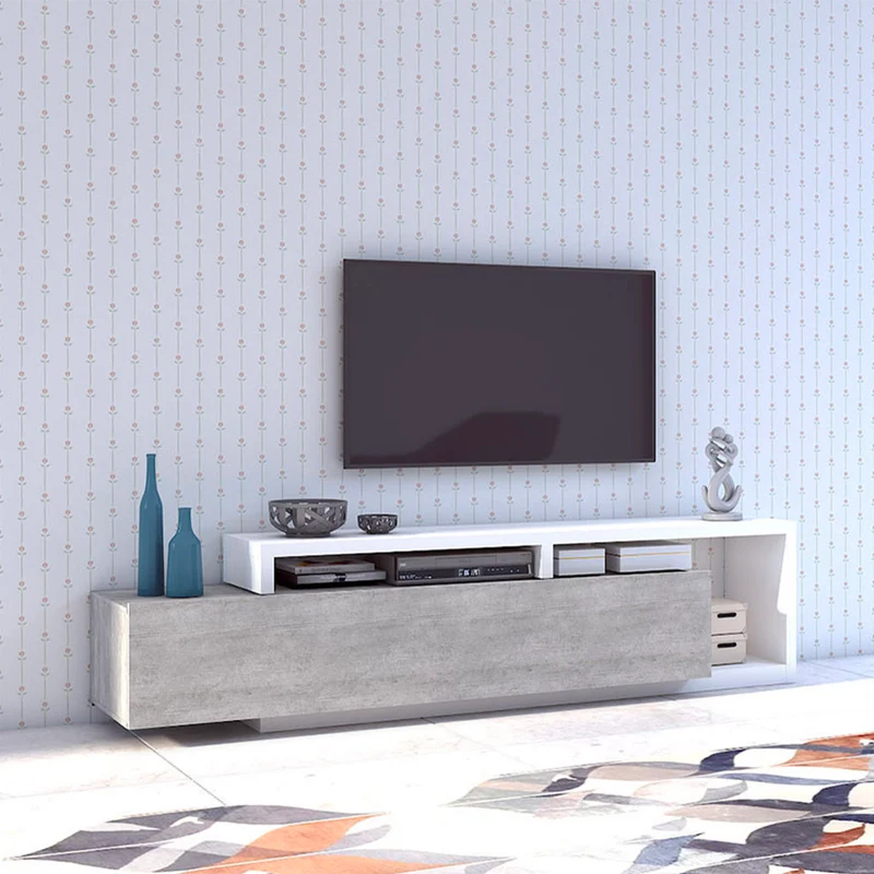 Meuble TV 1 tiroir 219 cm Ilyes Blanc et Béton