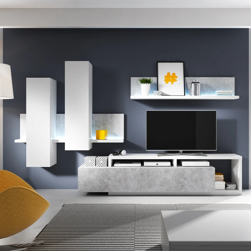 Meuble TV 1 tiroir 219 cm Ilyes Blanc et Béton