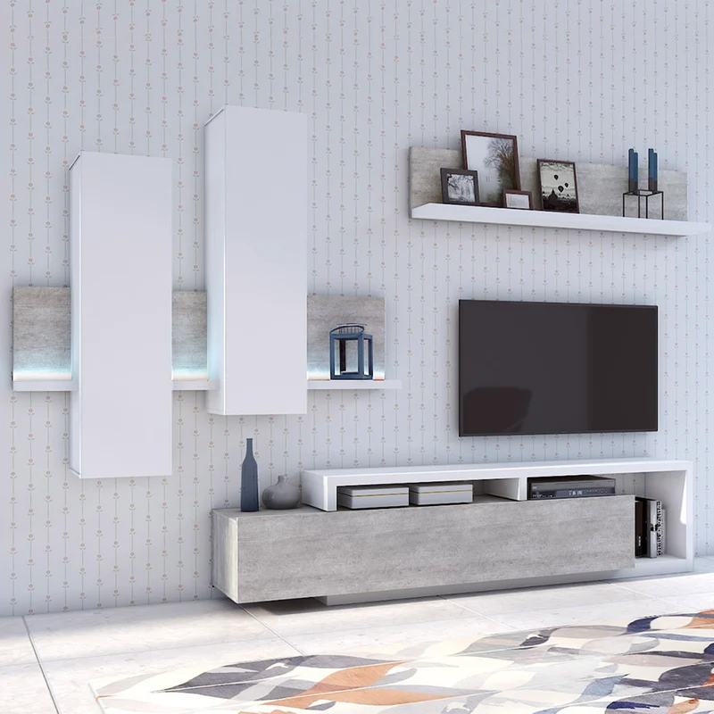 Meuble TV 1 tiroir 219 cm Ilyes Blanc et Béton