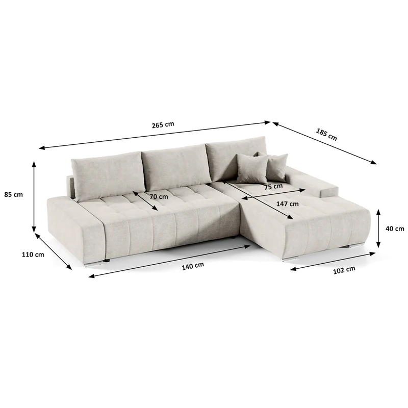Canapé d'angle convertible droit 4 places avec coffre Jonas Crème