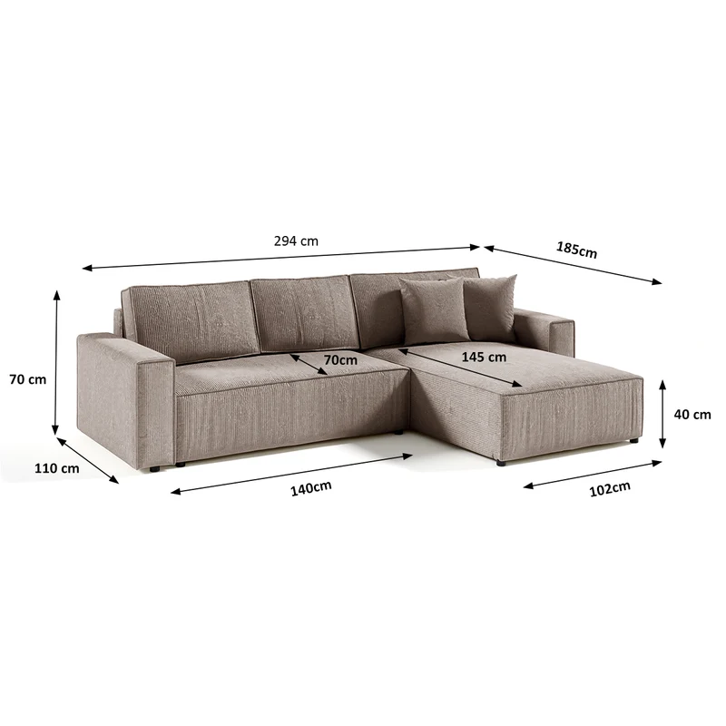 Canapé d'angle réversible et convertible 4 places avec coffre Isaac velours côtelé Taupe