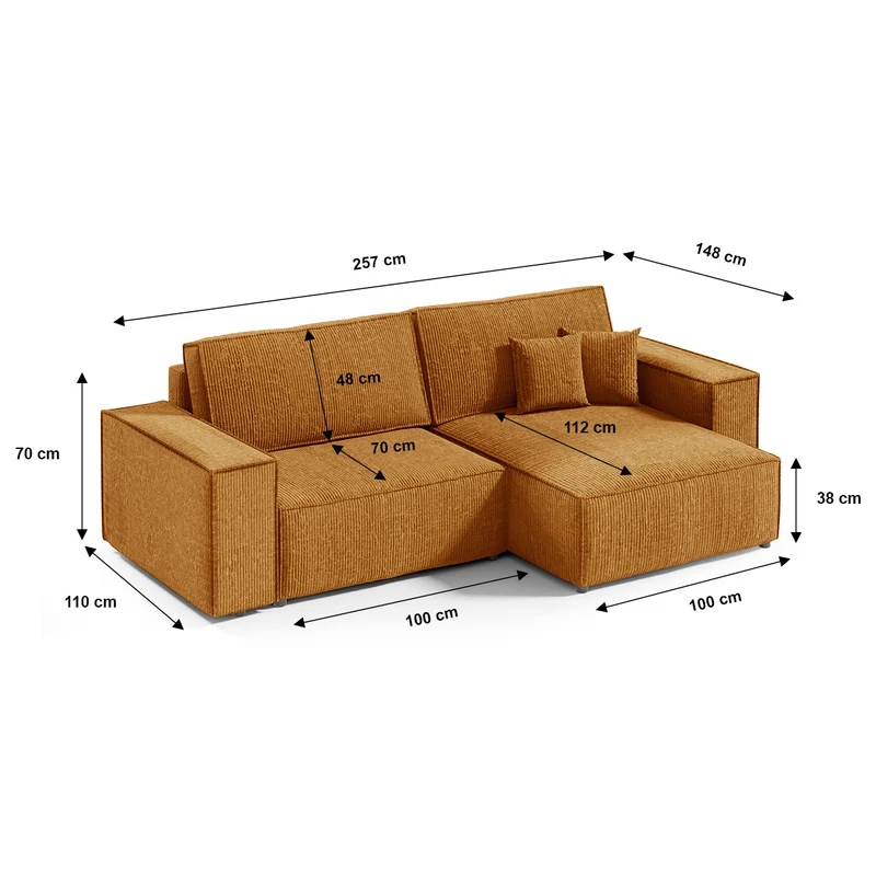 Canapé d'angle réversible et convertible 3 places avec coffre Isaac Mini velours côtelé Jaune