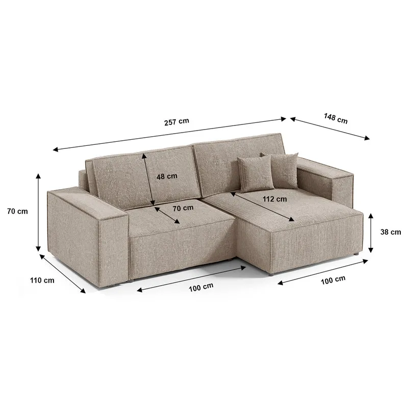 Canapé d'angle réversible et convertible 3 places avec coffre Isaac Mini velours côtelé Taupe