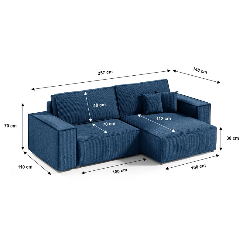 Canapé d'angle réversible et convertible 3 places avec coffre Isaac Mini velours côtelé Bleu