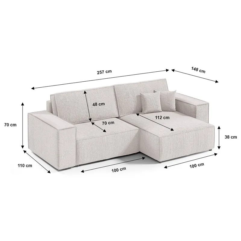 Canapé d'angle réversible et convertible 3 places avec coffre Isaac Mini velours côtelé Blanc cassé