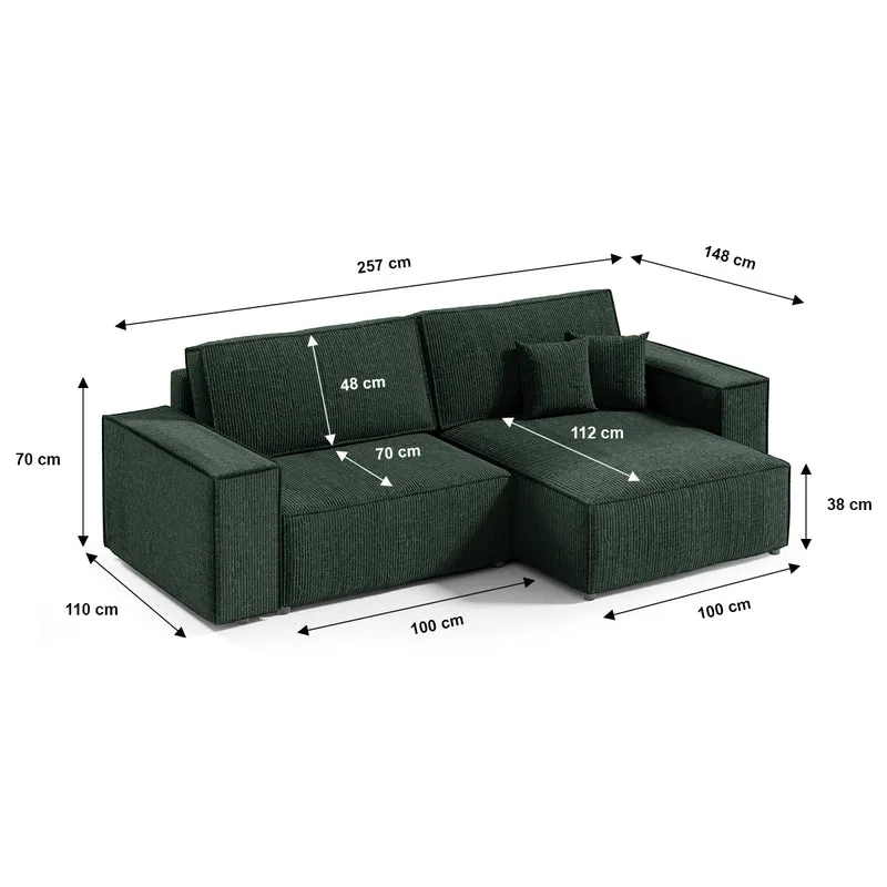Canapé d'angle réversible et convertible 3 places avec coffre Isaac Mini velours côtelé Vert sapin