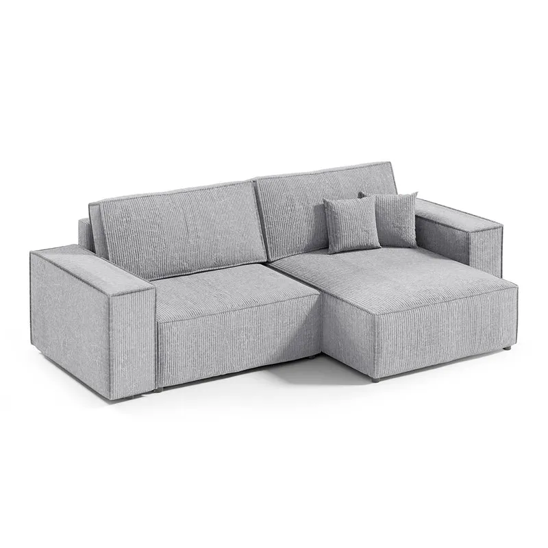 Canapé d'angle réversible et convertible 3 places avec coffre Isaac Mini velours côtelé Gris clair