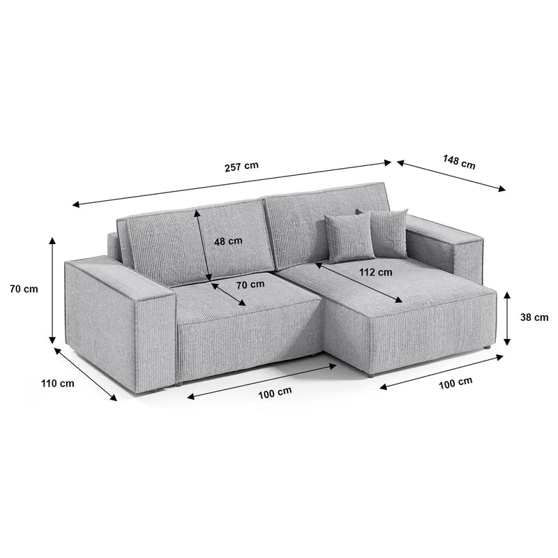 Canapé d'angle réversible et convertible 3 places avec coffre Isaac Mini velours côtelé Gris clair