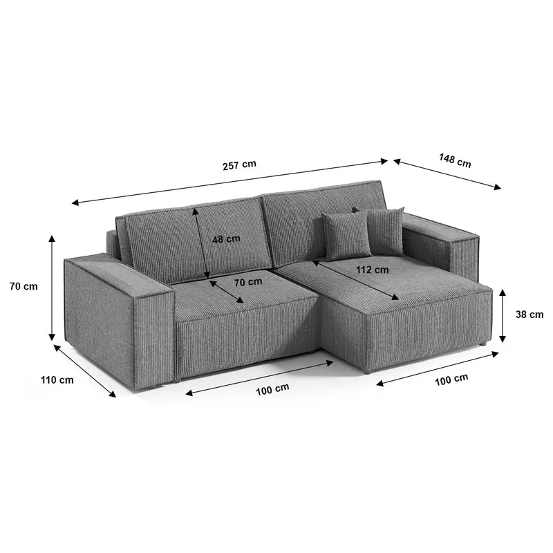Canapé d'angle réversible et convertible 3 places avec coffre Isaac Mini velours côtelé Gris