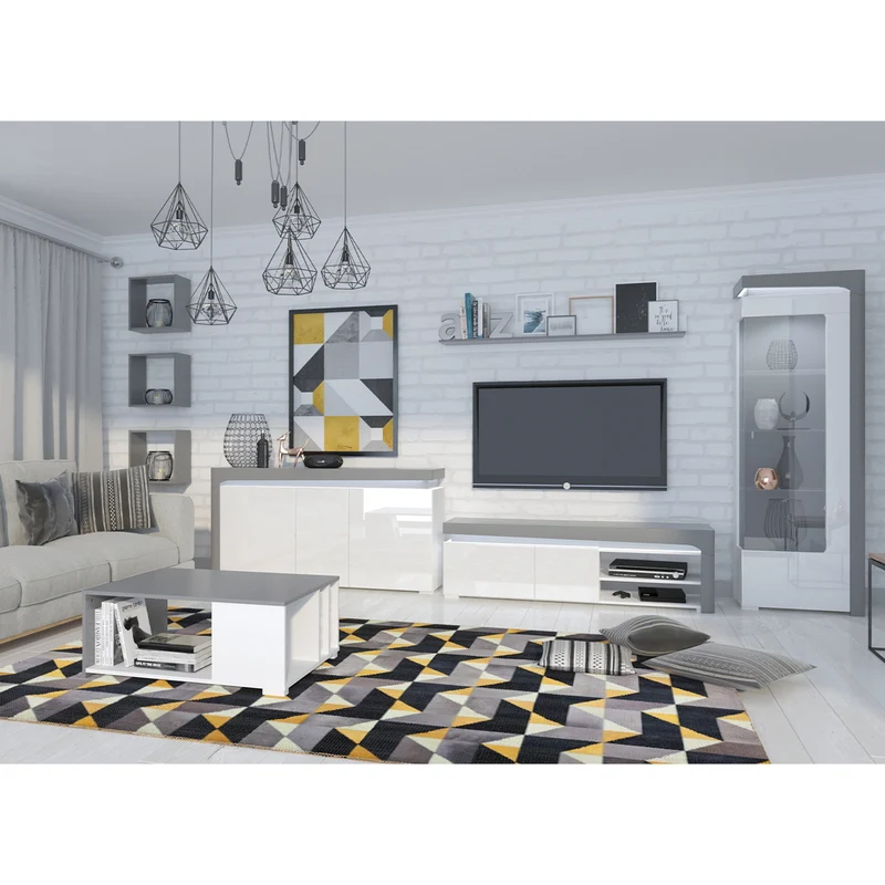 Buffet 2 portes 4 tiroirs LED inclus Teo Blanc et Gris