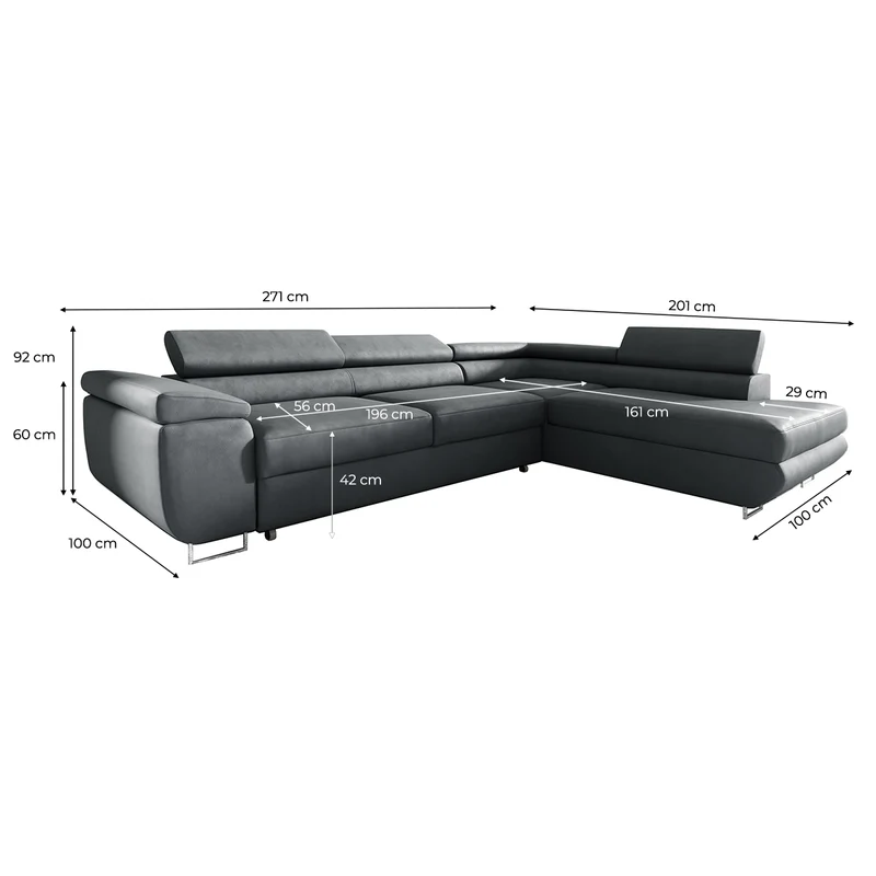 Canapé d'angle convertible droite 4 places Lyam Gris foncé