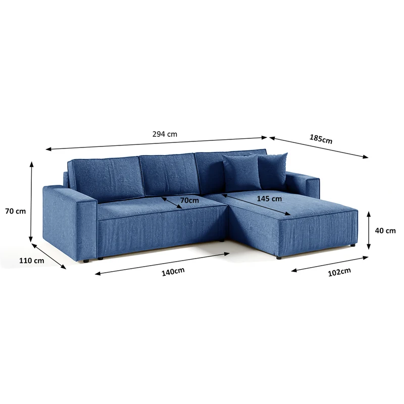 Canapé d'angle réversible et convertible 4 places avec coffre Isaac velours côtelé Bleu