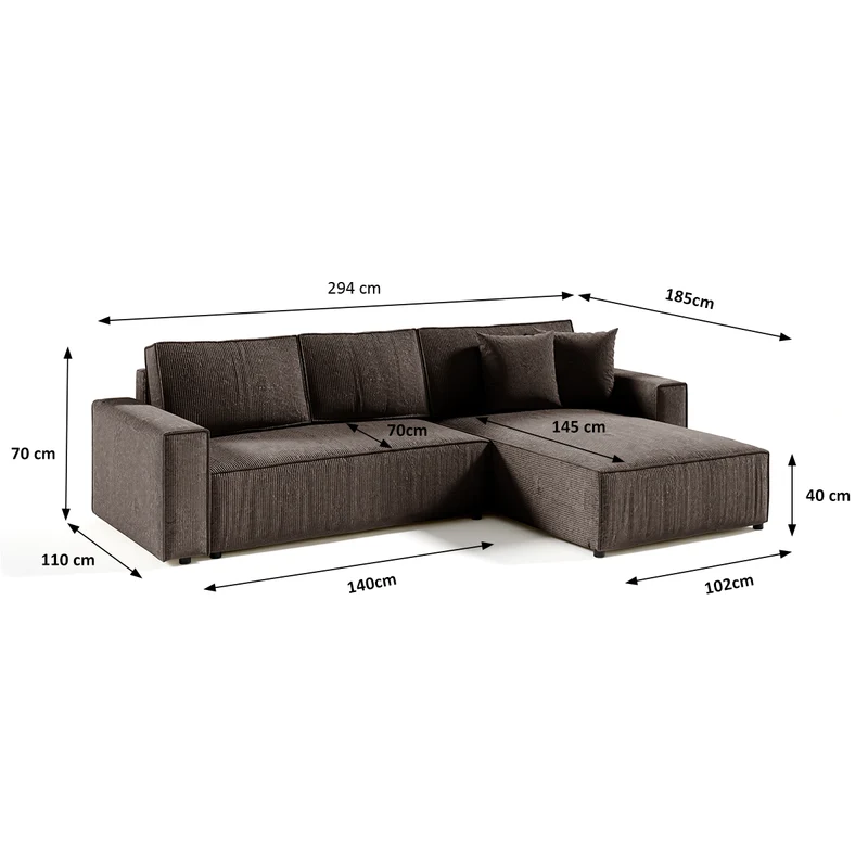 Canapé d'angle réversible et convertible 4 places avec coffre Isaac velours côtelé Marron