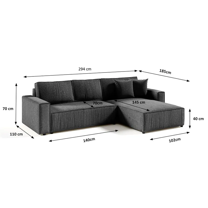 Canapé d'angle réversible et convertible 4 places avec coffre Isaac velours côtelé Gris Foncé