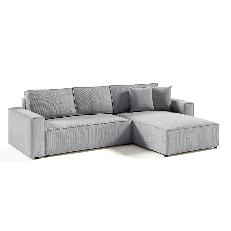 Canapé d'angle réversible et convertible 4 places avec coffre Isaac velours côtelé Gris Clair
