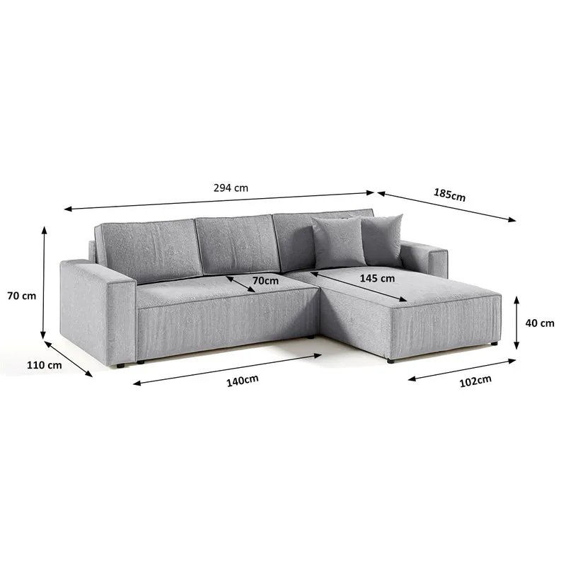 Canapé d'angle réversible et convertible 4 places avec coffre Isaac velours côtelé Gris Clair