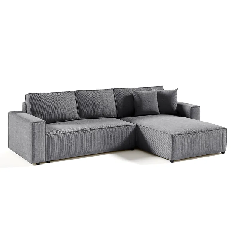 Canapé d'angle réversible et convertible 4 places avec coffre Isaac velours côtelé Gris