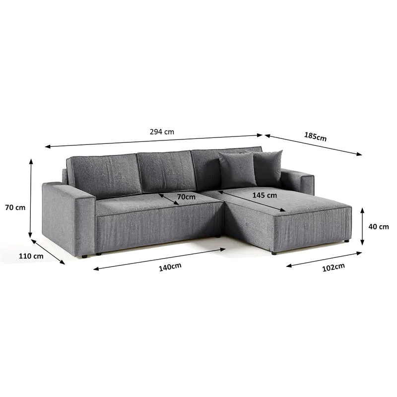 Canapé d'angle réversible et convertible 4 places avec coffre Isaac velours côtelé Gris