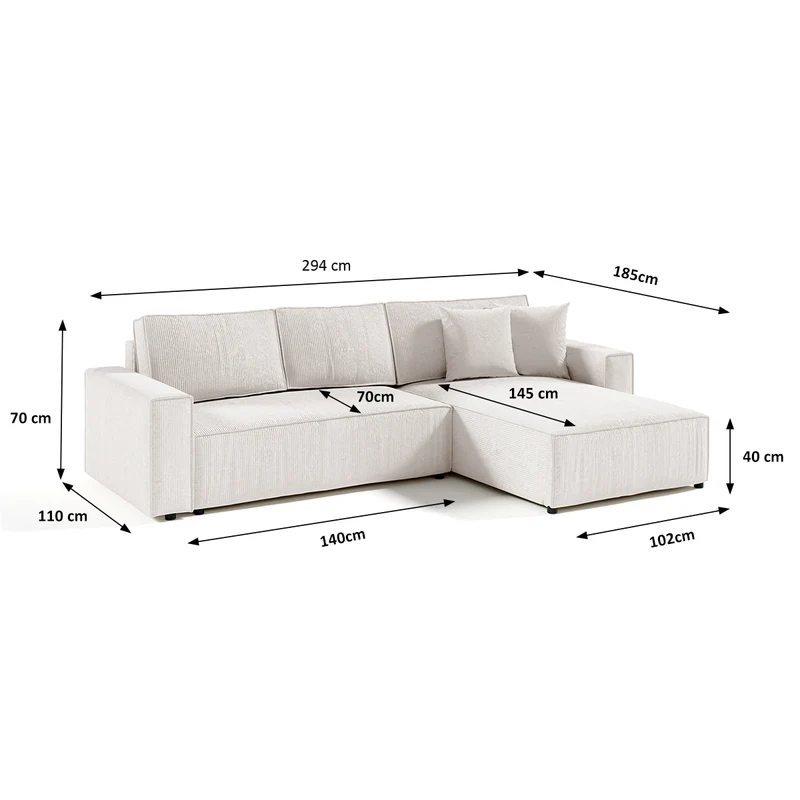 Canapé d'angle réversible et convertible 4 places avec coffre Isaac velours côtelé Blanc Cassé