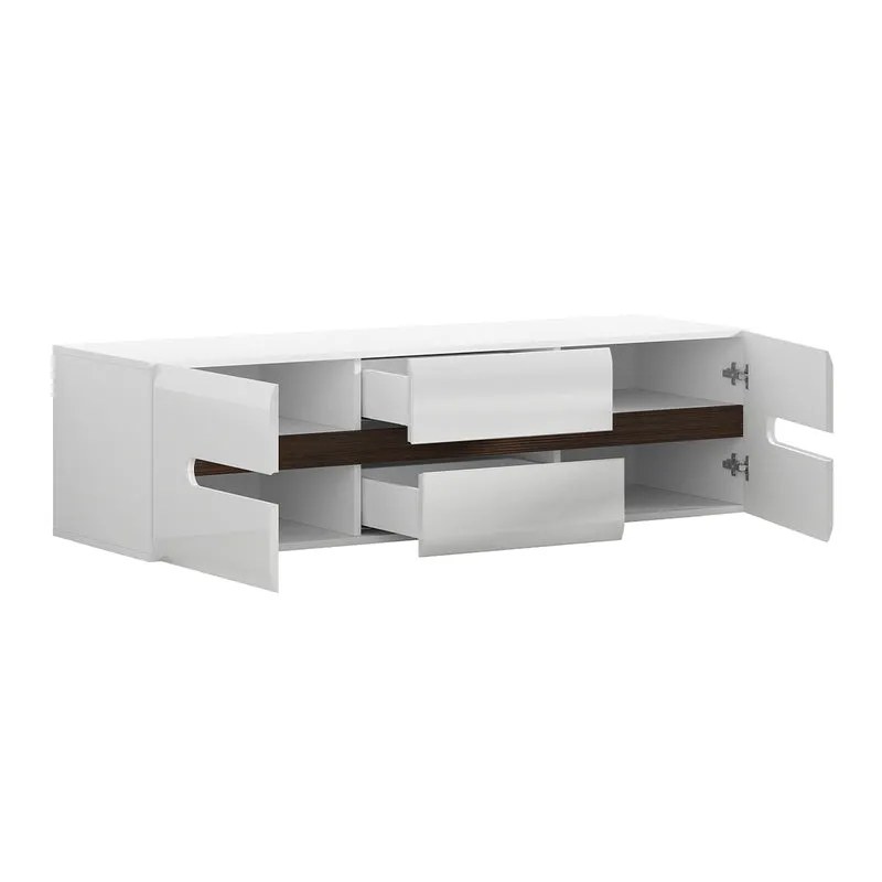 Meuble TV 2 portes 2 tiroirs 150 cm Darrel Blanc laqué et Bois